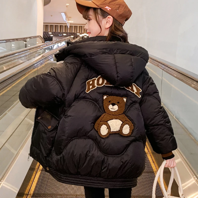 5-12 Years Girls Down Jacket Cartoon Bear Winter Keep Warm Princess Coat Hooded Zipper Fashion Parka Outerwear Children Clothing