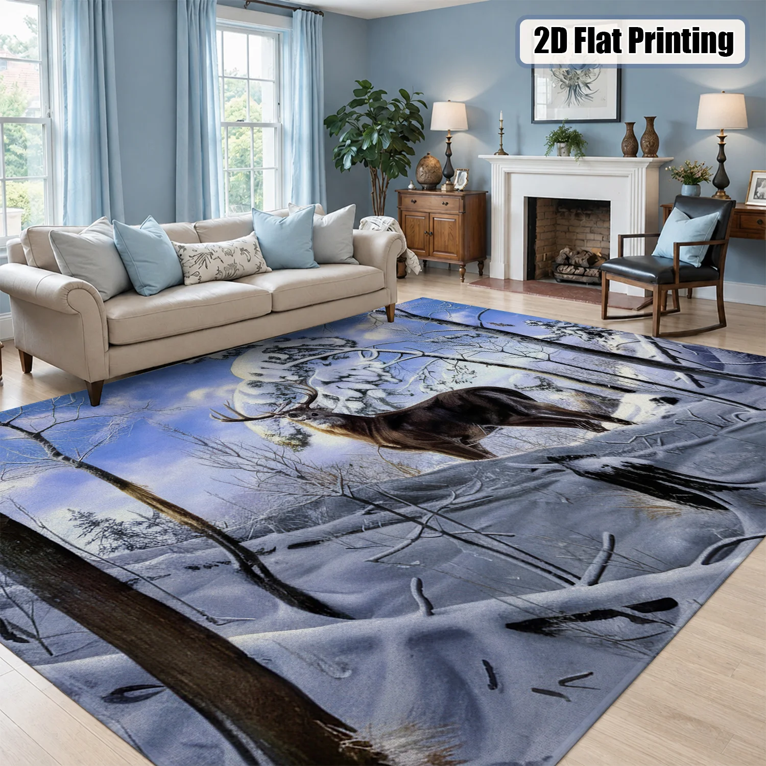 Large Indoor Area Rug, Soft Velvet Low Pile with Non-Slip Dotted Backing, Machine Washable, Winter Snow Forest Deer Wildlife Pattern, Ideal for Living Room Bedroom Home Decor - view 4