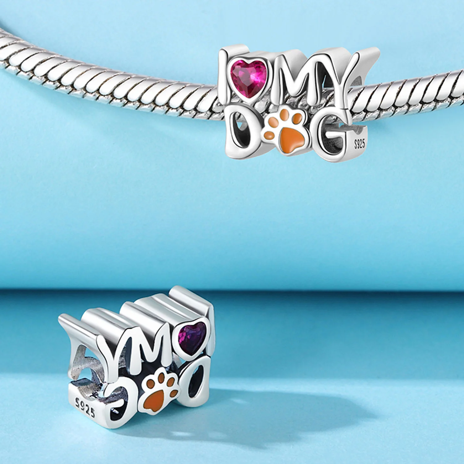 S925 Sterling Silver I Love My Dog Charm Bead Dog Paw Print Heart Pet Loyal Companion Fit DIY Bracelet Jewelry for Women ﻿