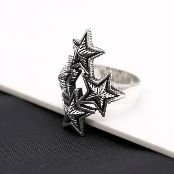 Anillo de plata de ley S925 con personalidad, joyería punk, retro, Estrella pentagonal exagerada, apertura como regalo de amor