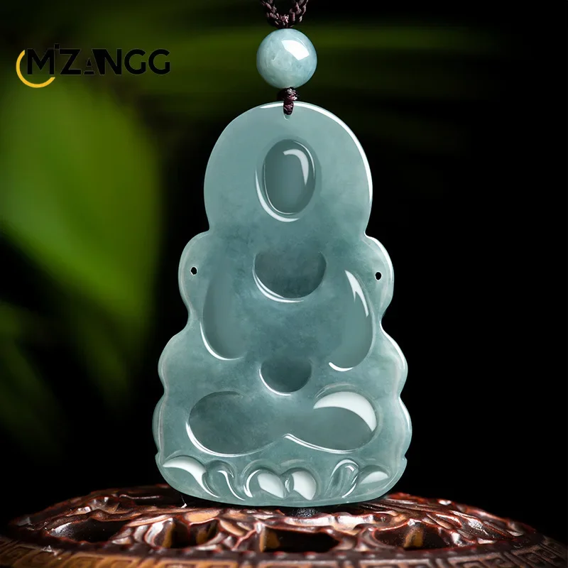 Natural Jadeite Blue Water Tara Goddess of Mercy Ice Jade Pendant Hand-carved Fashion Charm Jewelry Gifts for Men and Women