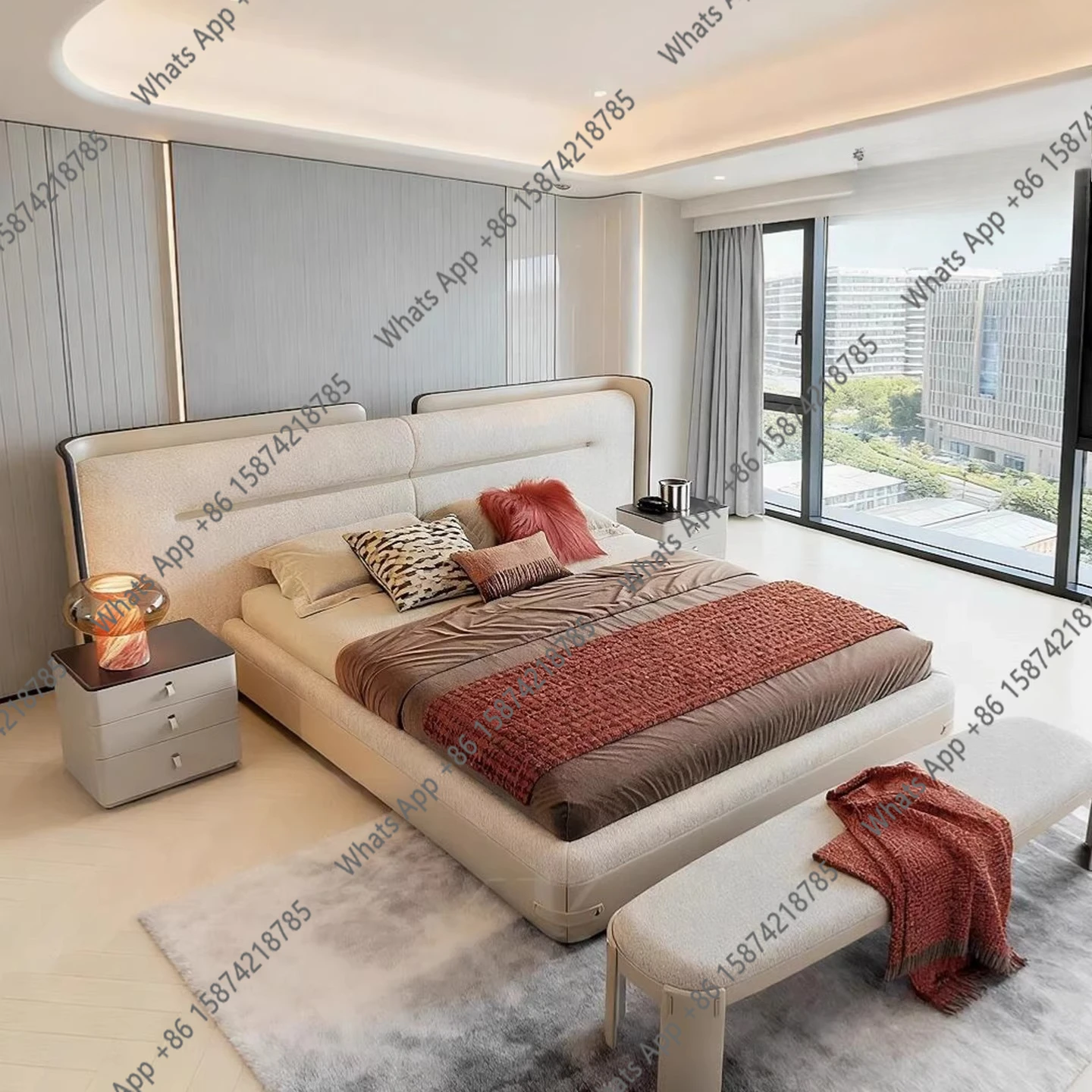 Italian minimalist master bedroom high-grade atmospheric wide-screen bed cream wind fabric double bed household wedding bed
