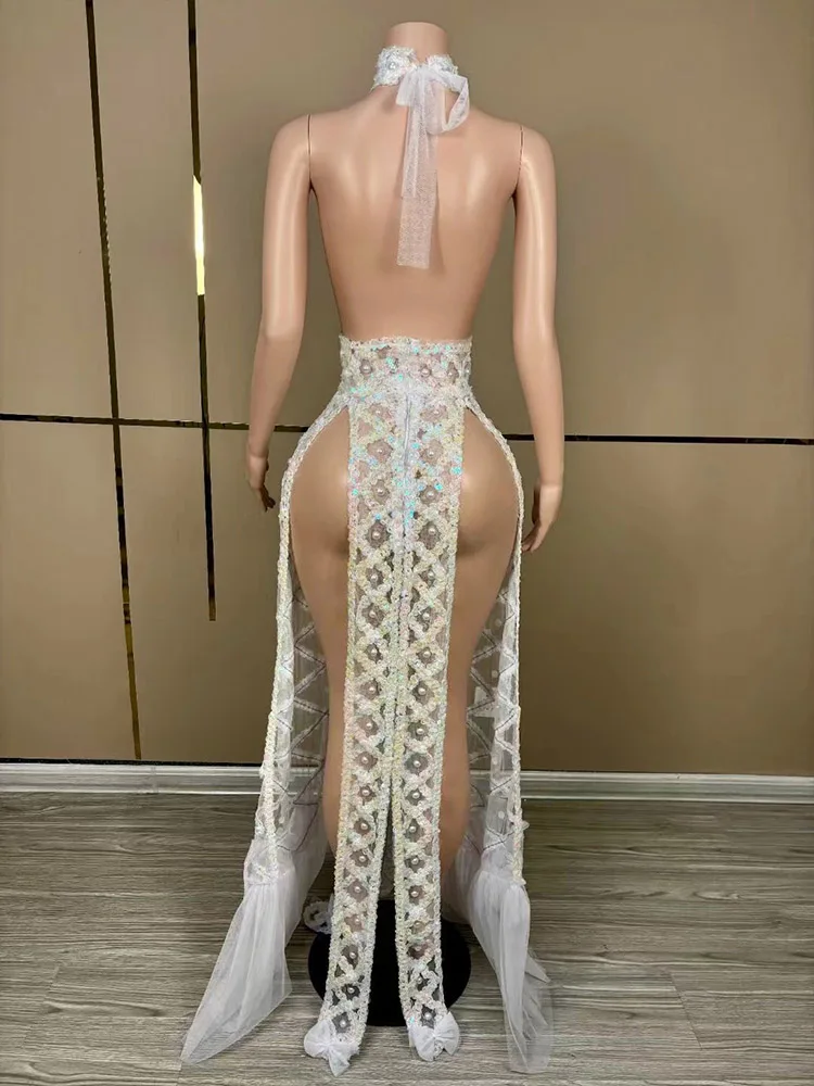 High Quality Hot Diamond Sexy Backless Split Mesh Skirt 2024 New Fashionable Custom Women'S Clothing