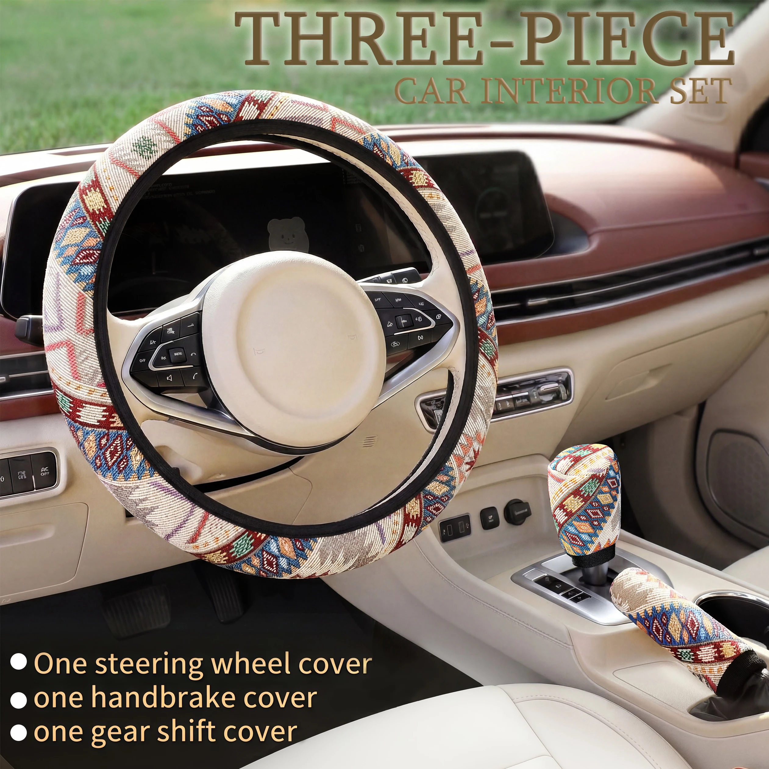 3PCS Boho Car Interior Set (Includes 1 Steering Wheel Cover, 1 Gear Shift Cover, and 1 Handbrake Cover) Fits All Seasons