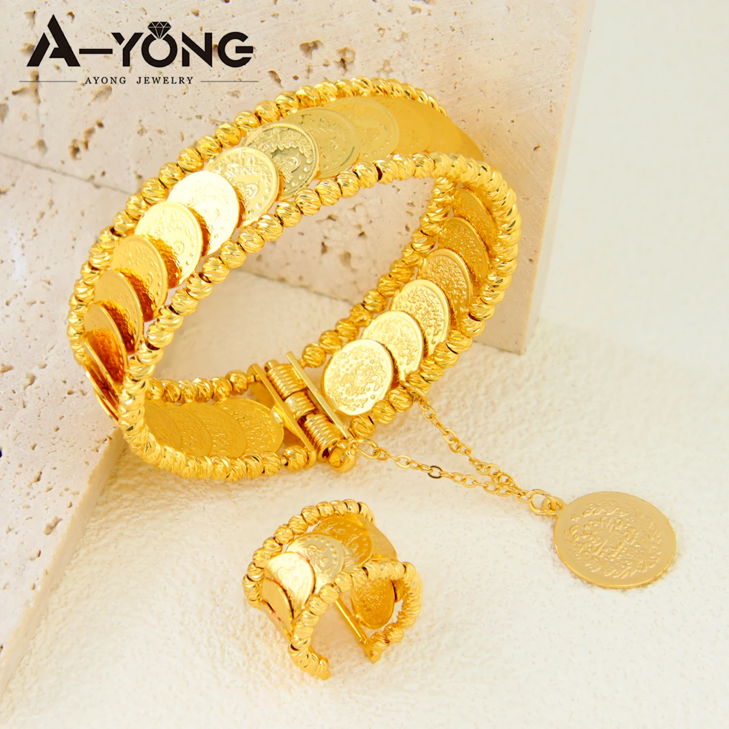 Luxury Arabic Coins Jewelry Set 24k Gold Plated Copper Waterproof Bracelet Ring Islamic Women Bridal Wedding Banquet Jewelrys