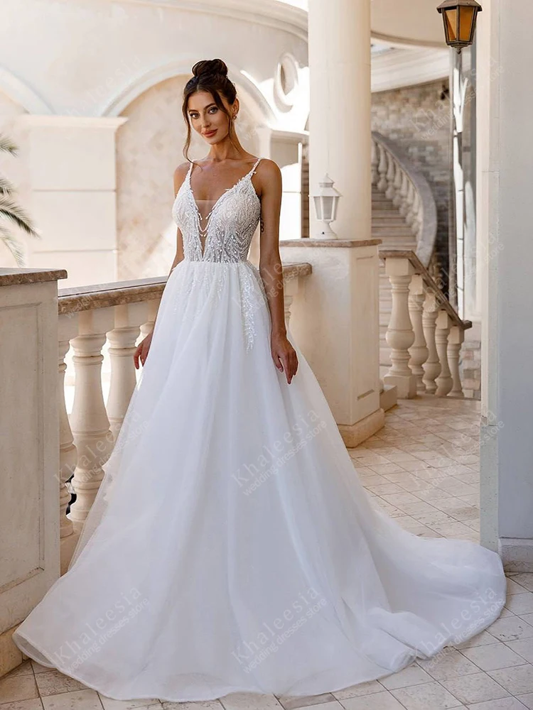 Elegant Wedding Dresses A Line Organza Bridal Gowns Lace Appliques Deep V Neck Sleeveless Charming Vestidos De Novia Customized