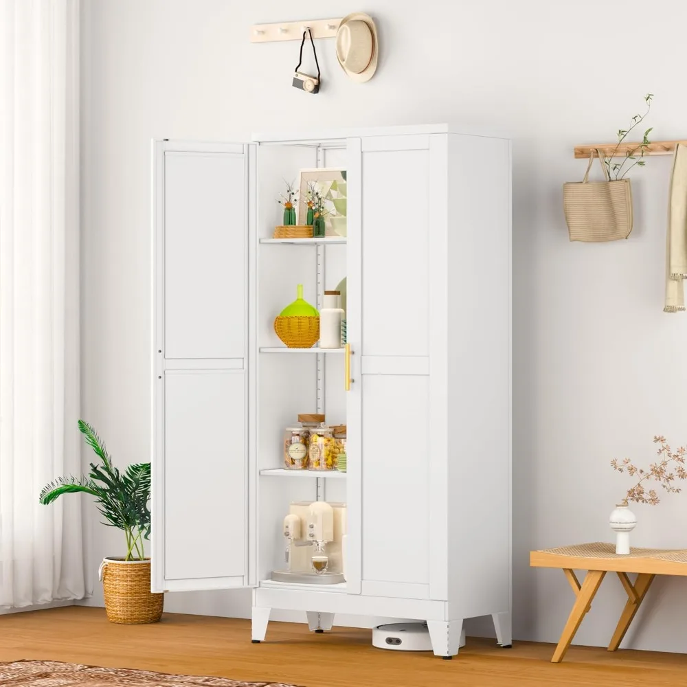 

White Metal Cabinets with Doors and Shelves,47.25 H Storage Cabinet White Pantry Cabinet Garage Cabinets for Kitchen,Living Room