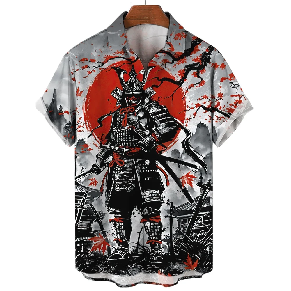 Vintage japanische Samurai Hawaii Retro-Shirt für Männer soziale Bluse 3d Kurzarm Tops Harajuku Streetwear Sommer Mann Kleidung