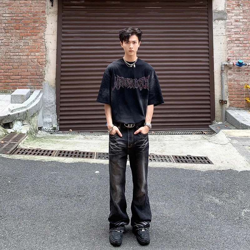 

Bla Water Ripple Bell Bot Jeans Men's Summer High Waist Straight Leg Long Trousers Trendy Brand Cool Street Sle Jeans