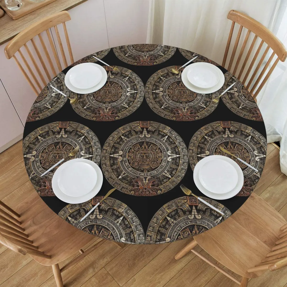 AztecMayan Calendar In Gold And Bronze Waterproof Round Tablecloth Oilproof Table Cloth for Kitchen Events Dining Table Cover