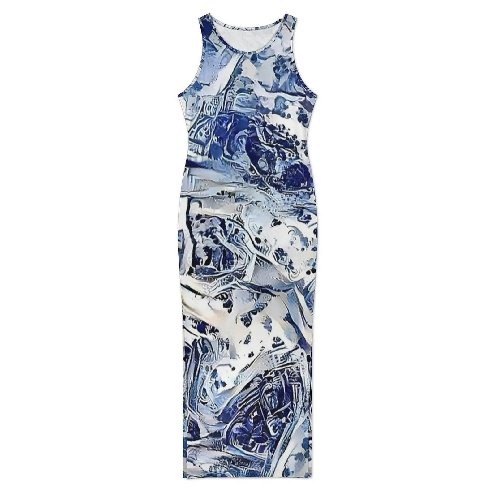 Blue White Abstract Texture Print Bodycon Dress Summer  Trendy Maxi Dresses Ladies Sleeveless Custom Casual Y2k Dress Big Size