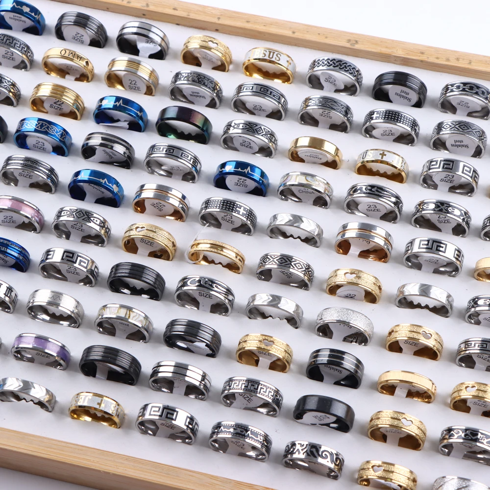 20Pcs/Lot Fashion Stainless Steel Stripe Rings For Men Mix Style Large Size 22-23 Party Gift Jewelry