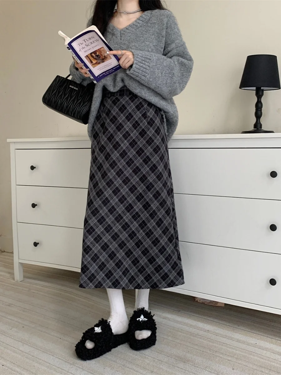 

Корейская шерстяная юбка в клетку в стиле ретро, женская осенне-зимняя юбка больших размеров с высокой талией, утягивающая юбка миди трапециевидной формы, милая студенческая юбка