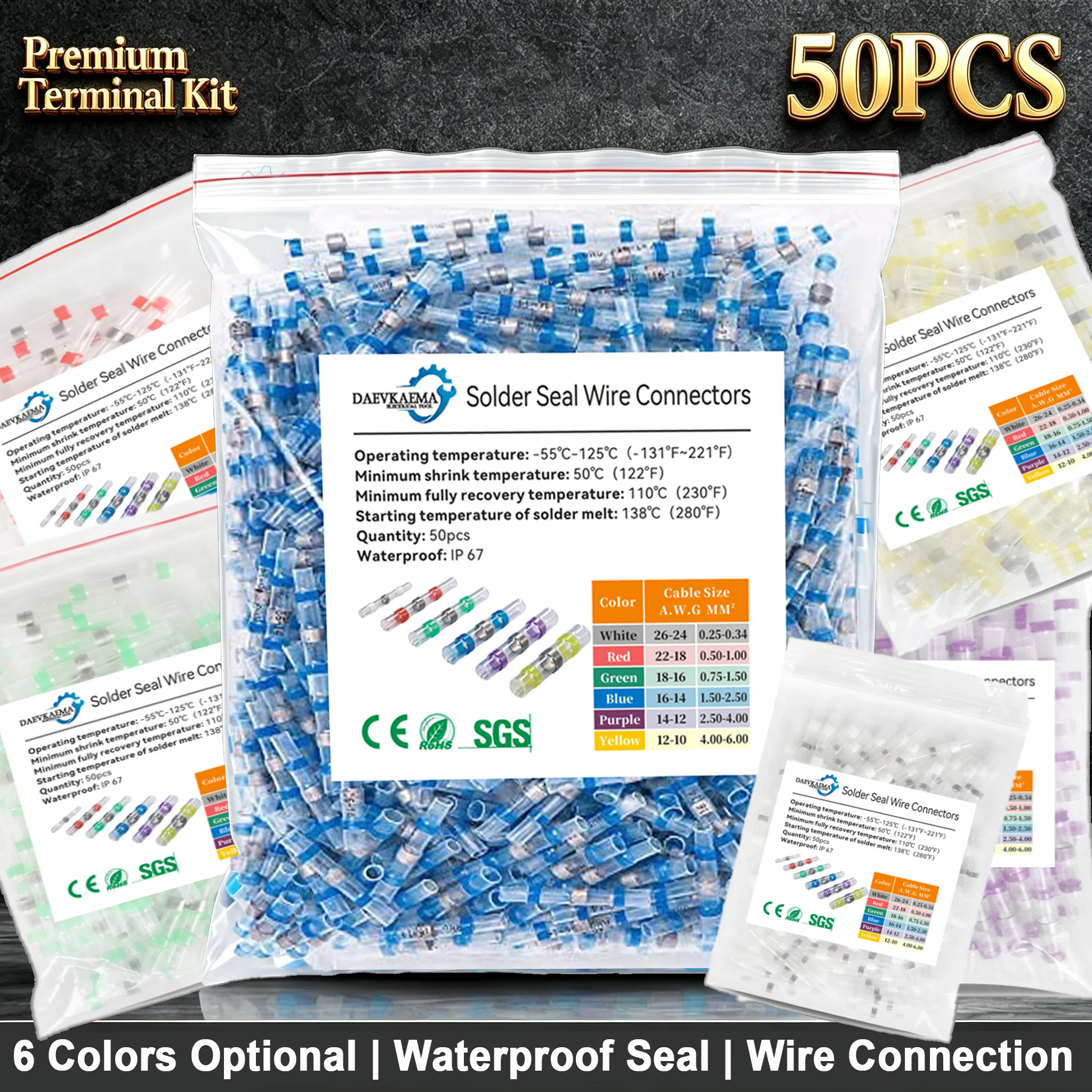Solder Ring Seal Wire Heat Shrink Butt Connectors Waterproof Insulated Electrical Terminals ,30-1000PCS, 6 Sizes AWG 26-8