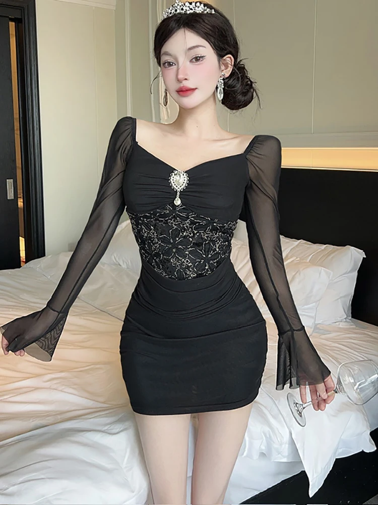 Vestido Sexy de malla negra con diamantes de Jacquard para mujer, Vestido corto ajustado Vintage coreano 2025, vestidos elegantes de cumpleaños para Otoño e Invierno