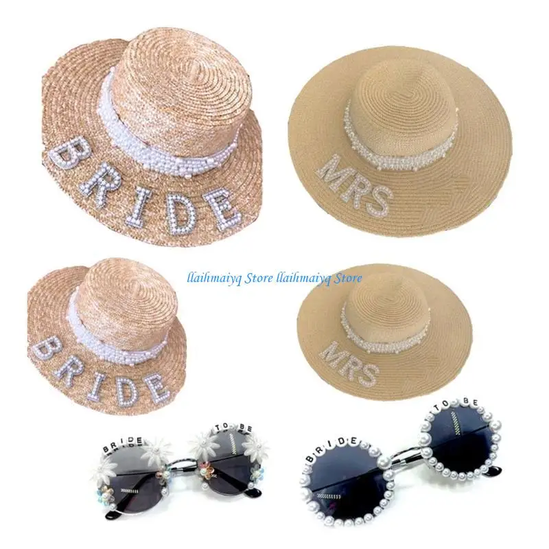 

573B Elegant Straw Weaving Bride Hat Sunglasses Wedding Anti-uv Hat with Pearl Decors