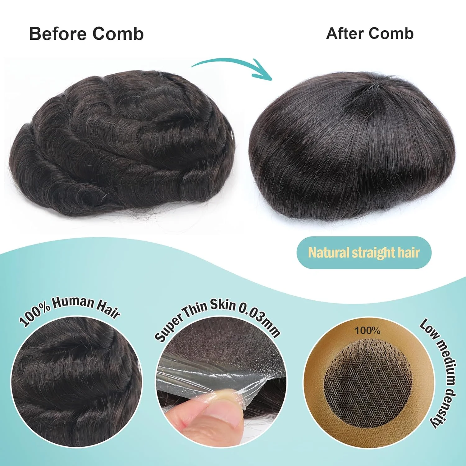 Men's Toupee Hair Ultra-Thin 0.03mm Skin #1B Natural Black Light Medium Density Hair pieces PU Base Size 8x10 Inch 100% Human Hair System for Men Virgin Human Hair V-looped Invisible Hairline Durable Pu Toupee Human Hair Mens Wig view 4