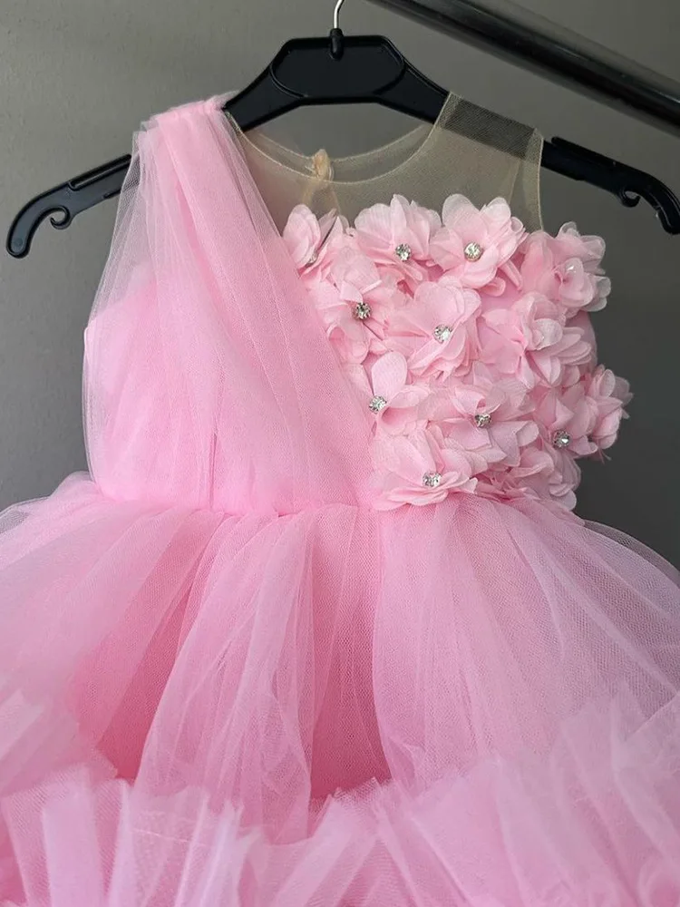 Pink Luxurious Birthday Party Dress For Girls Elegant Pearls Evening Dresses For Teenage Girls Party Frock For Wedding Kids