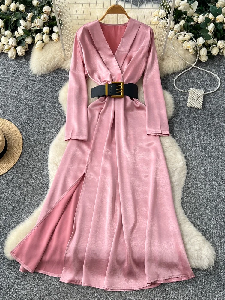 エレ レディース ロング ドレス 2025 秋新作 ハイエンド感 ベルト付き ウエスト Vネック スリット入り サテン Aラインスカート 通勤