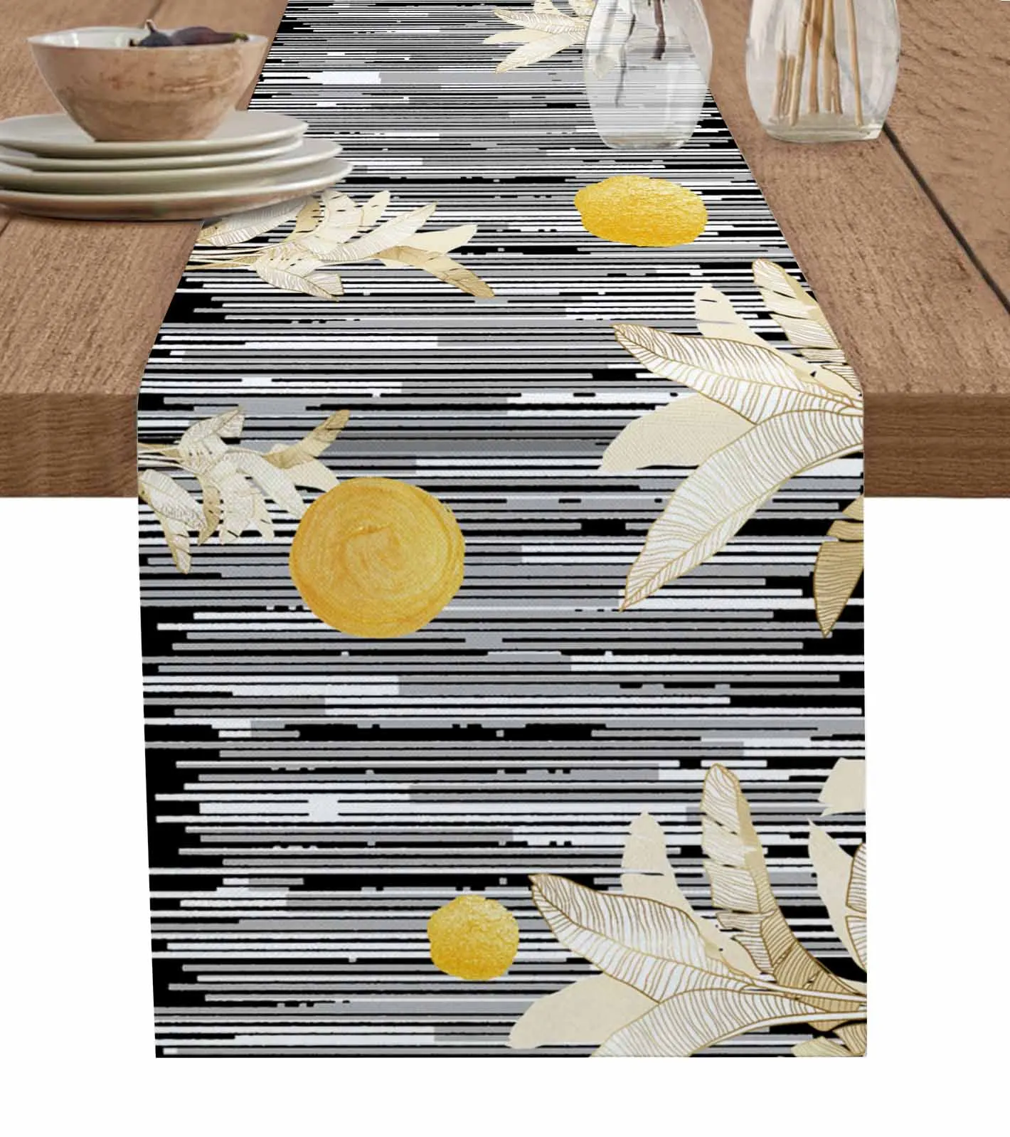 Abstract Black And White Leaves Modern Linen Cotton Table Cloth Decoration For Home Wedding Christmas Party