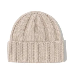 Pure Cashmere Wide-Rib Knitted Beanie Minimalist Winter Women Men Warm Hat
