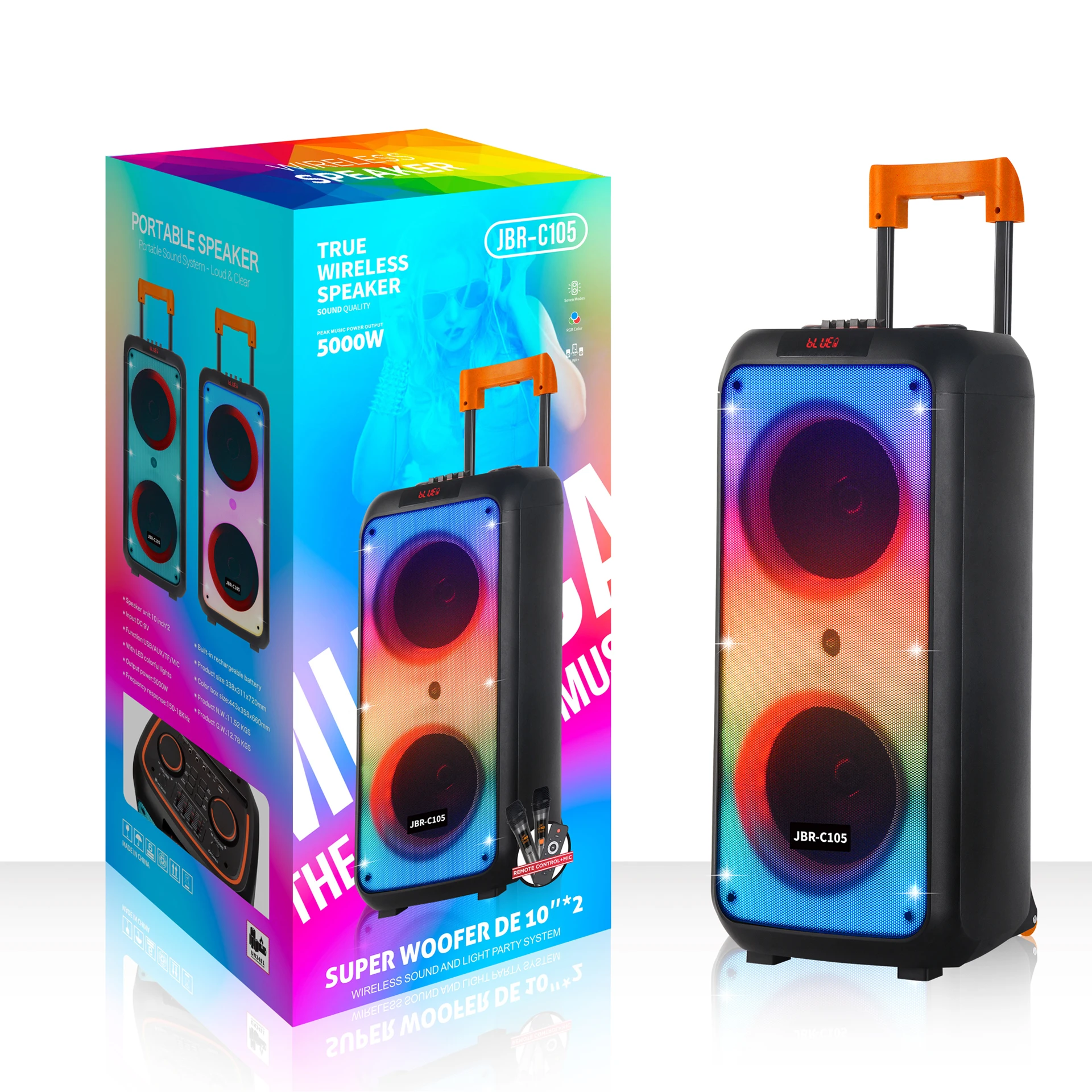 

JBR-C105 Portable RGB Wireless For Bluetooth Karaoke Speaker 2*10-INCH Output Power With USB Musical Remote Control For Computer