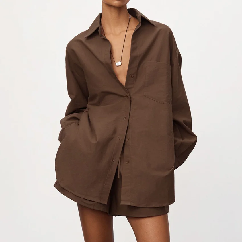 Linad مكتب سيدة التلبيب قمصان الدعاوى مع شورت عالي الخصر 2 قطعة مجموعات النساء الشارع شيك براون الحد الأدنى وتتسابق 2025