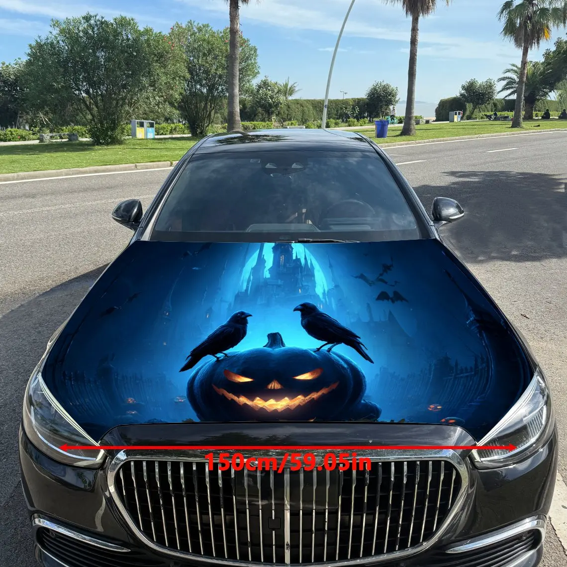 Halloween Pumpkin Raven and Castle Car Vinyl Wrap, PVC Waterproof Car Hood Sticker, Self-Adhesive Scratch-Resistant Stickers for