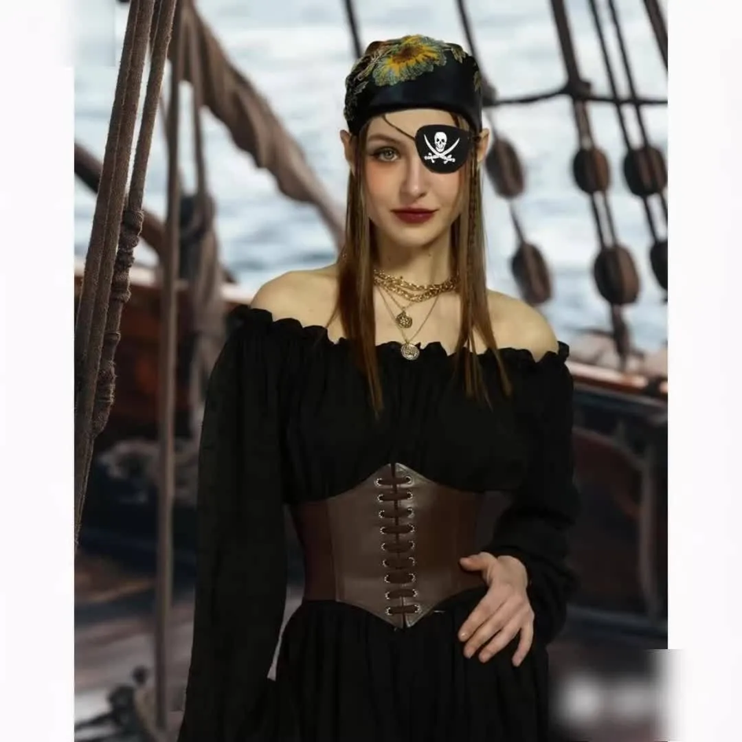 Halloween Pirate Cosplay Set Vintage Headscarf Corset Belt Skull Eye‑patch MultiLayer Necklace Party Fancy Dress Accessories Kit