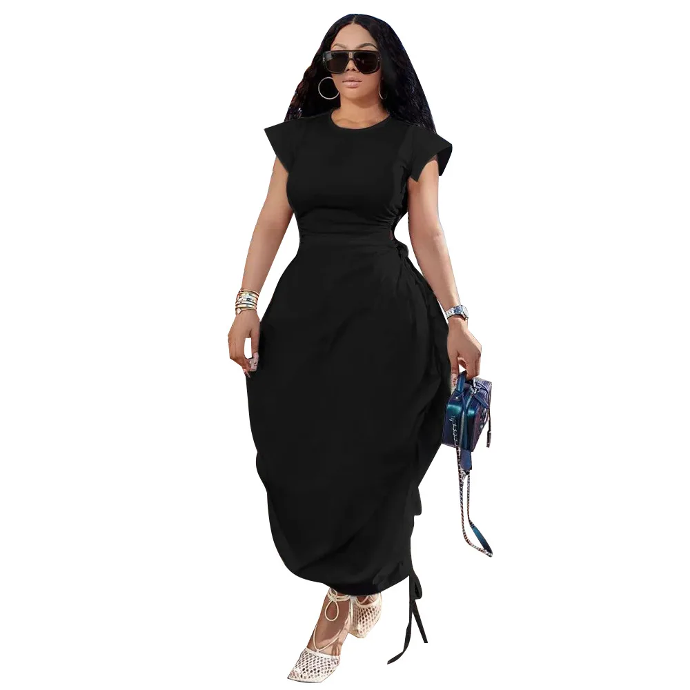 Letnia moda Okrągły dekolt Plus Size Sukienka damska Solidne krótkie rękawy Wydrążone sznurowane sukienki codzienne z wysoką talią 4XL 5XL