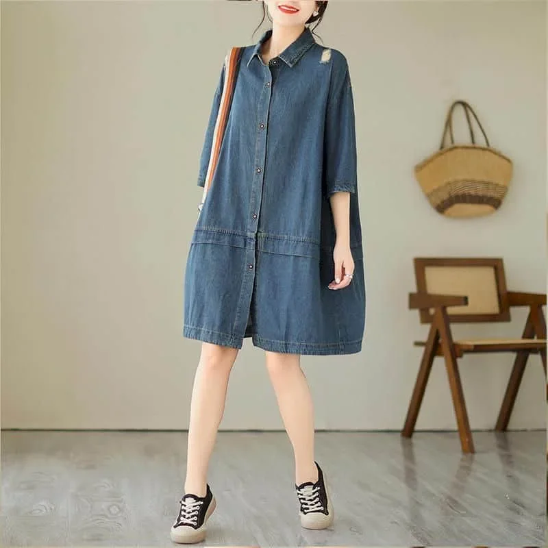 Pop Blue Denim Dresses Women Polo-neck Casual Loose A-line Single Breasted Shirts Skirts Pocket Design Vintage Trend Artistic Dr