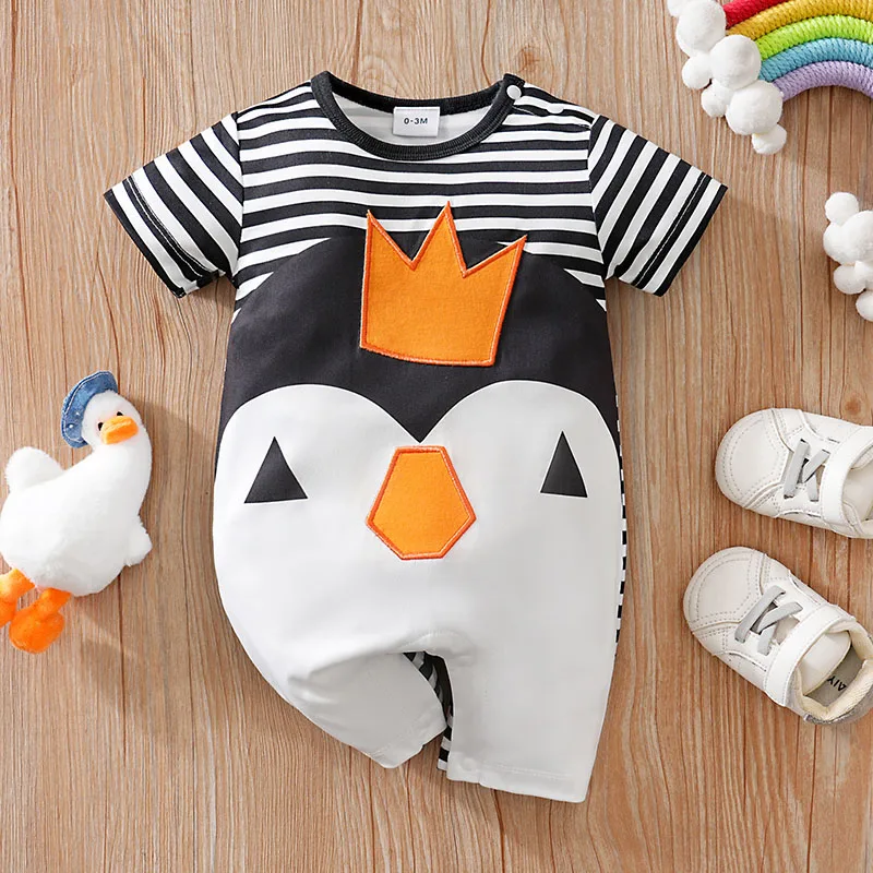 

Детская одежда, удобный мягкий летний комбинезон с милым мультяшным пингвином и вышивкой для мальчиков и девочек, детский комбинезон с круглым вырезом и короткими рукавами