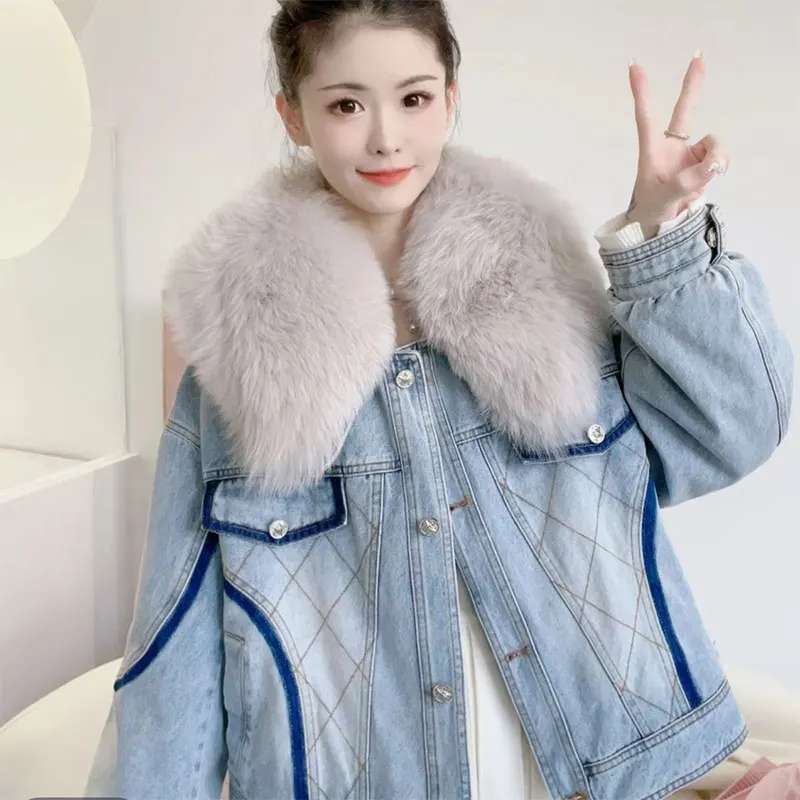 High-End Elegant Denim Goose Down Down Jacket For Women Oversized Fox Detachable Short Loose Thickened Warm Fashionable Coat