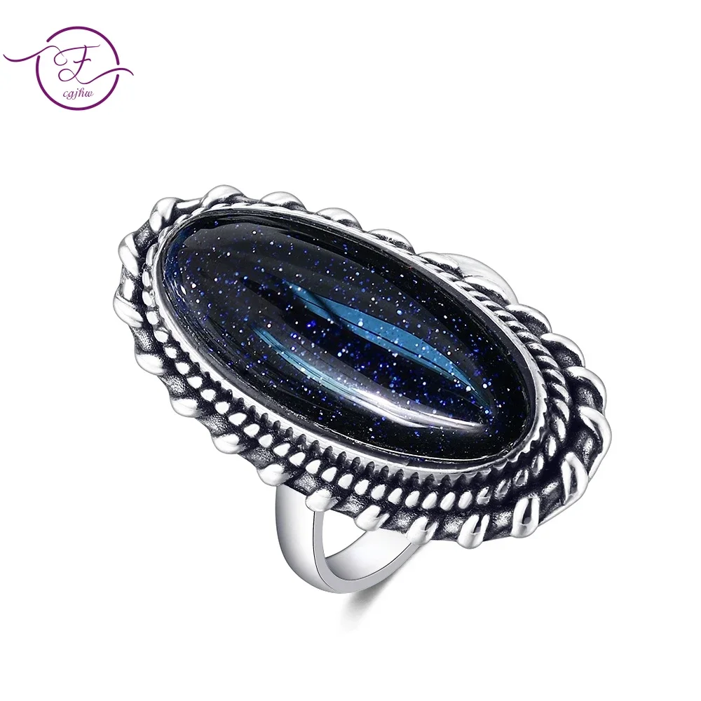 Large Silver Ring Vintage Natural Blue Sandstone Elegant Ring Wedding Party Gift 11*25mm Gemstone Jewelry Women's Ring