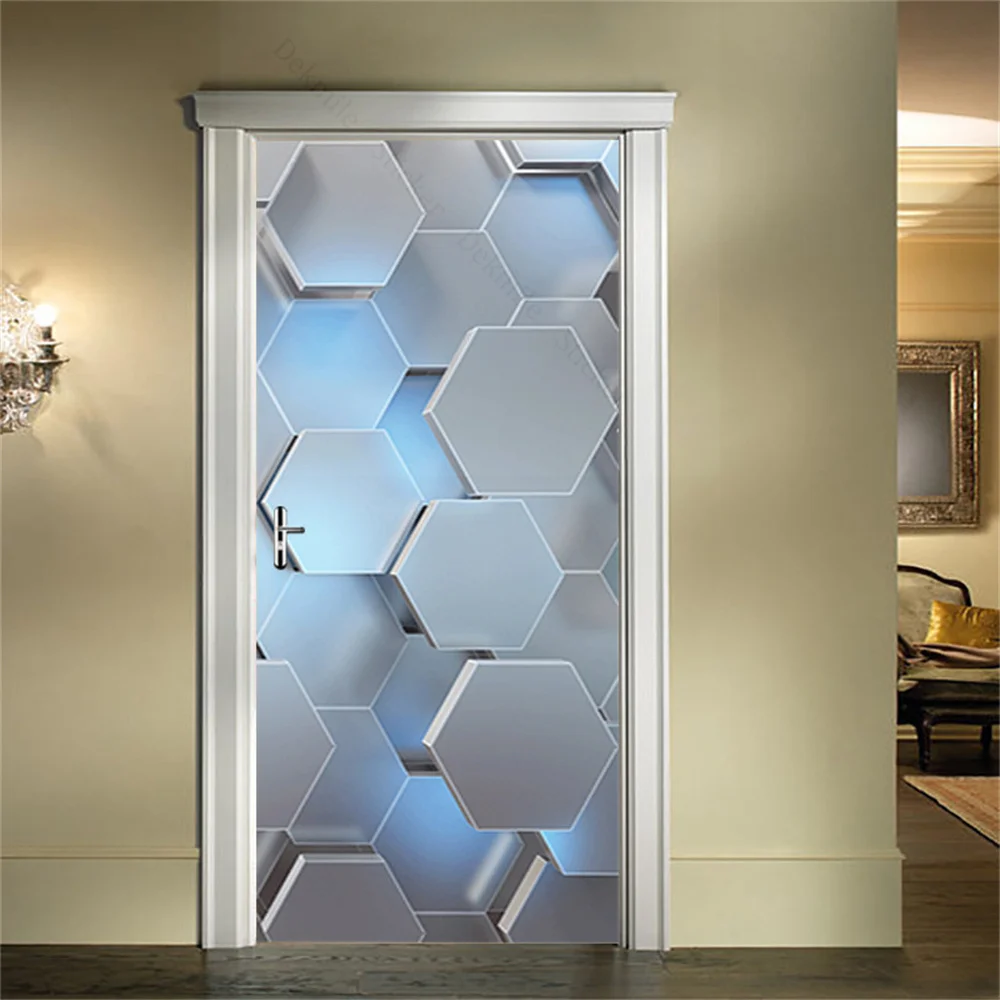 Blue Regular Hexagon Door Sticker SelfAdhesive Wallpaper Door Vinyl Mural Removable Home Decoration Art PVC Wall Decal 3D Poster