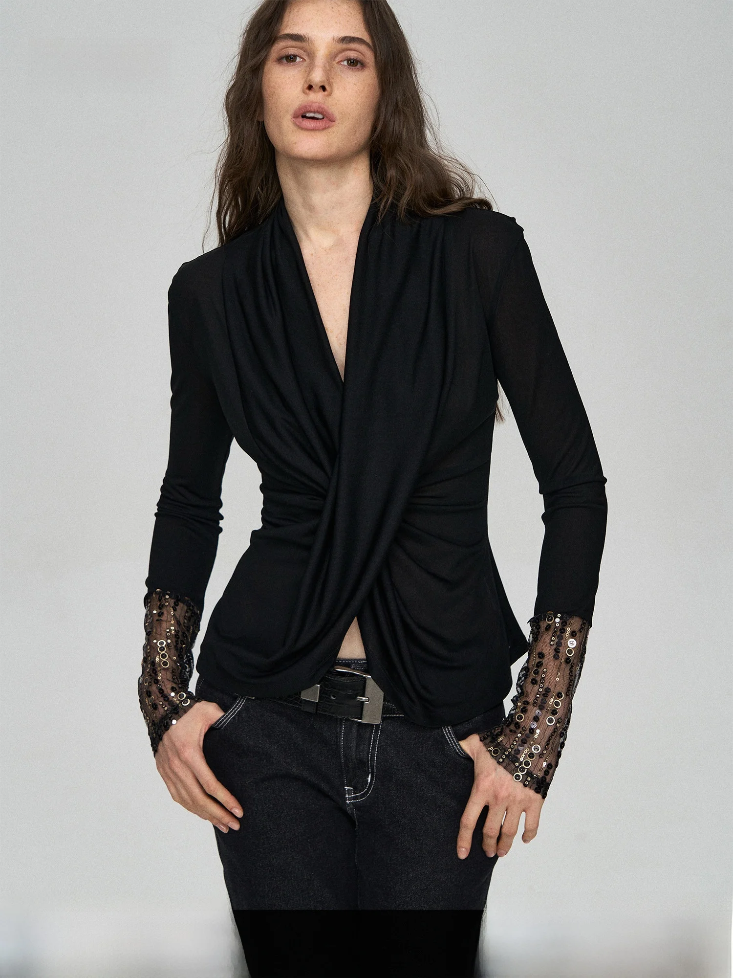 

Женская приталенная футболка с длинным рукавом и объемной вышивкой PRRP, из ацетатного волокна, повседневный топ с перекрестным узлом, 3D крой, элегантный стиль