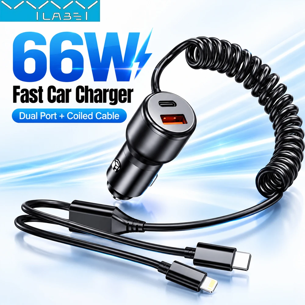 Vyvylabs New 66W Car Charger USB C USB A Dual Port Fast Charging Adapter 2 in 1 Coiled Cable 110cm for 12V 24V Cars Trucks SUVs
