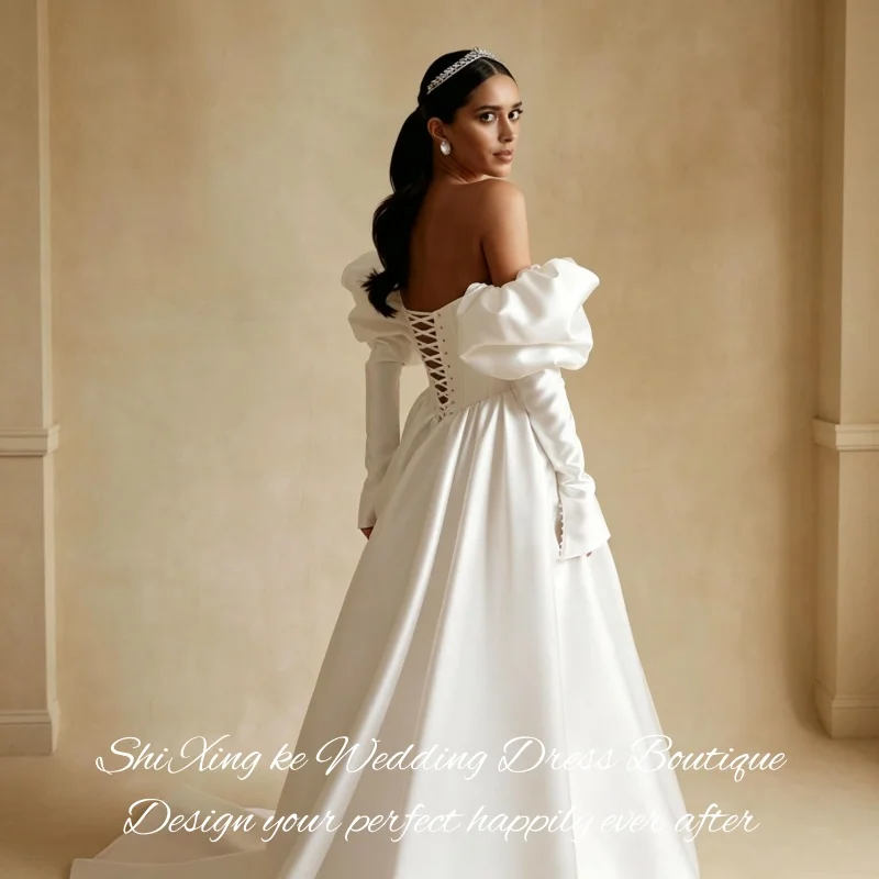 Classic Off Shoulder Satin Wedding Dress 2026 Long Sleeve Court Train Basque Waist Lace Up Back Vestidos De Novia Customized