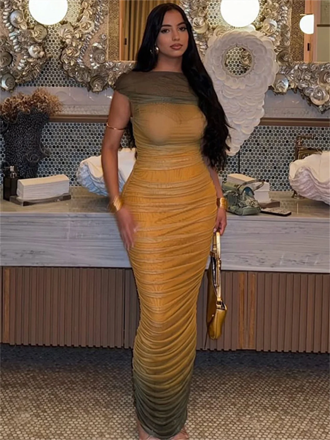 

Weird Puss Gradient Mesh Dress Women Sexy Elegant Slash Neck Ruched Stretch Skinny Trend Coquette Beach Vacation Party Clubwear