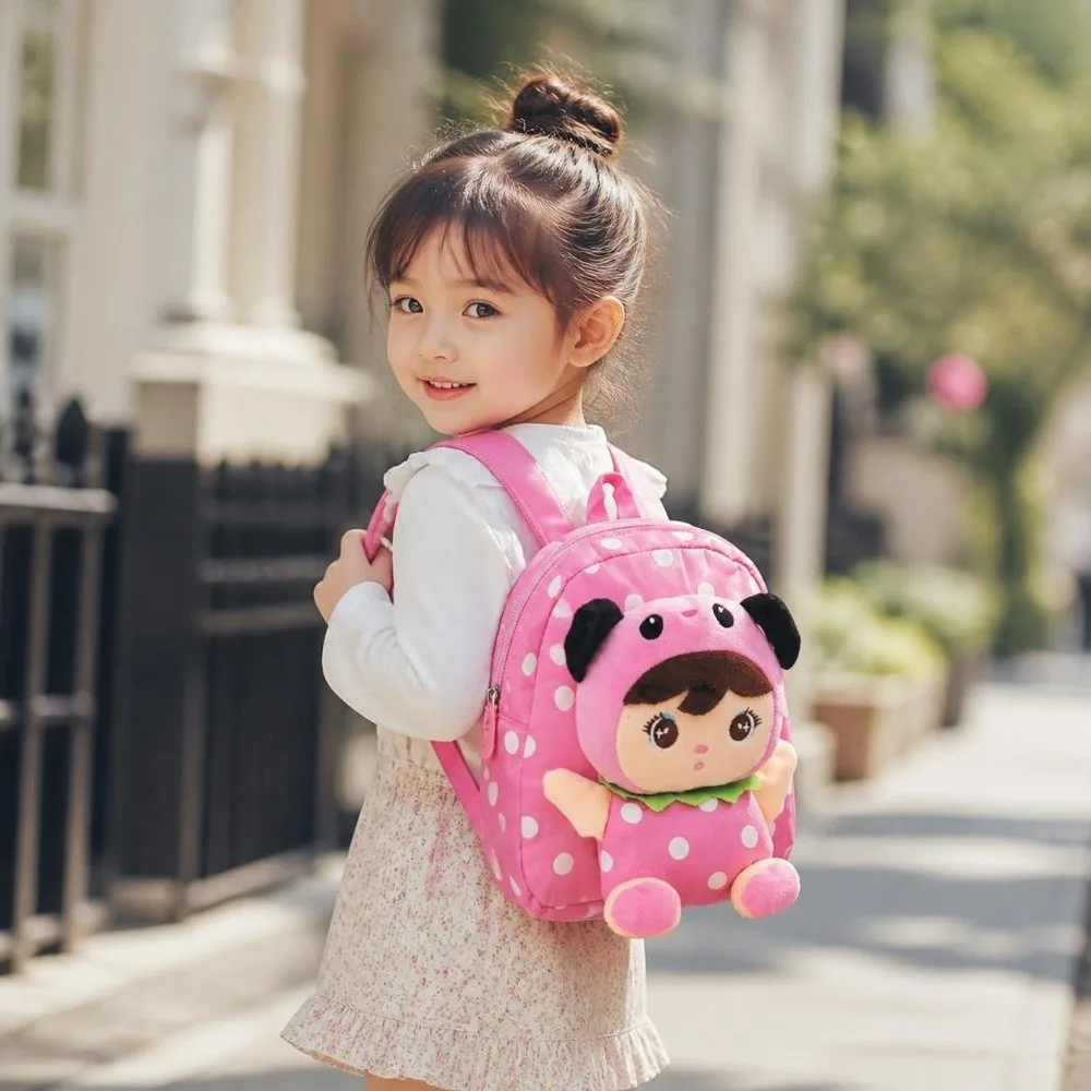 Soft Plush Polka Dot Children Backpack Lightweight Multiple Pockets Kids Rucksack 3D Doll Design Adjustable Straps