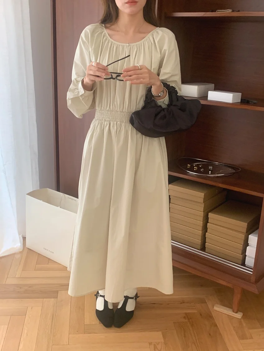 Alien Kitty Solid ฤดูใบไม้ผลิ Maxi ชุดผู้หญิงปิดเอวหลวม Vintage 2025 Chic Slim Minimalist Casual แขนยาวใหม่