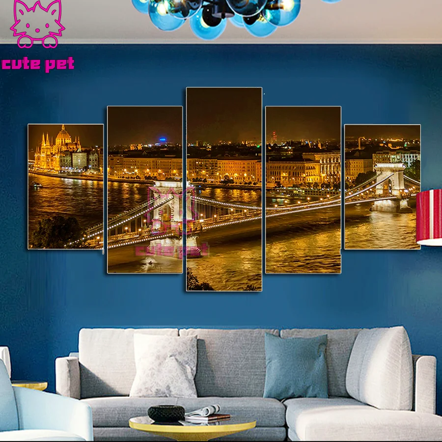 5D diamond painting Elizabeth Bridge Cross stitch Night View Pictures 5Panel Hungary City Home Decor mosaic art embroidery Decor