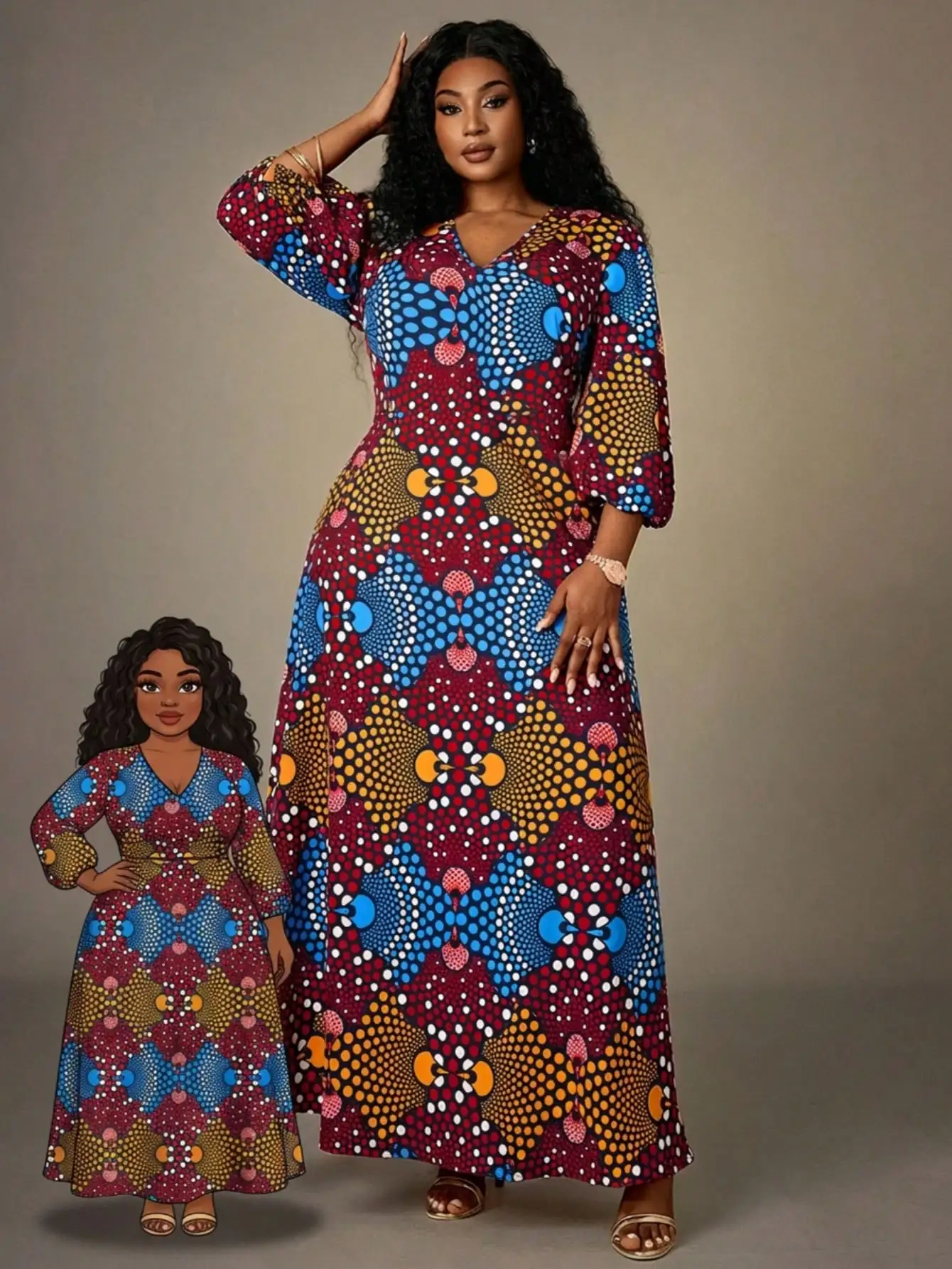 

V-Neck Long Sleeve Maxi Dress with Bold African-Inspired Print, Loose Fit for Spring Summer