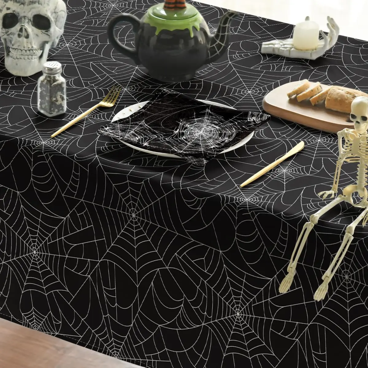 Halloween Cobweb Black Rectangular Washable Fabric Tablecloth Table Decor Durable Table Cover Party Picnic Dinner Decorations