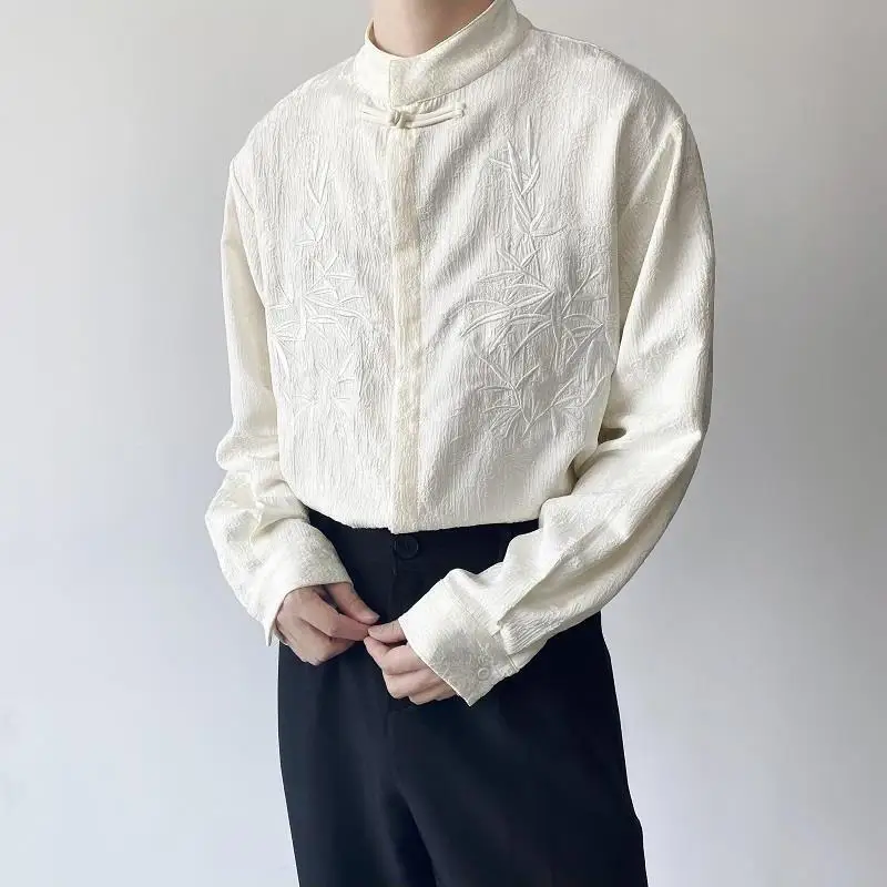 Chinese Style Mandarin Collar Shirt Long Sleeve Top Men's Embroider Bamboo Streetwear Handsome Male Shirts Vintage Tang Costume