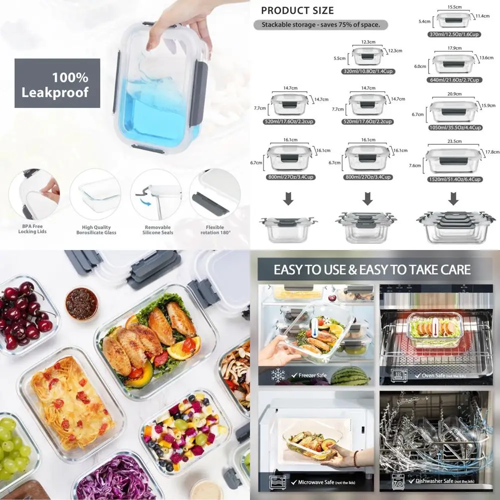 

Airtight Glass Meal Prep Containers with Snap Lids - Microwave, Oven, Freezer, and Dishwasher Safe