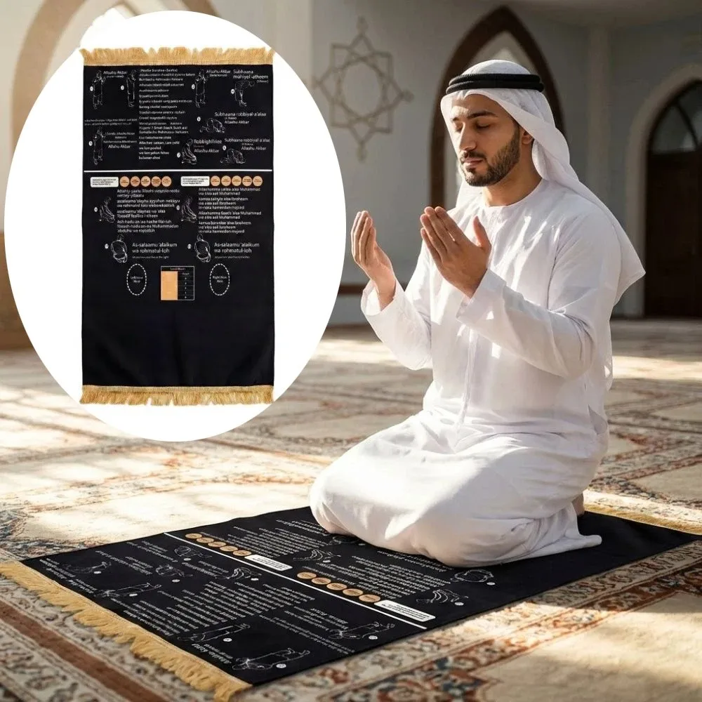 Foldable Step By Step Educational Prayer Mat Visual Instructions Non-Slip Bilingual Guided Prayer Mat Portable Guided Prayer Mat
