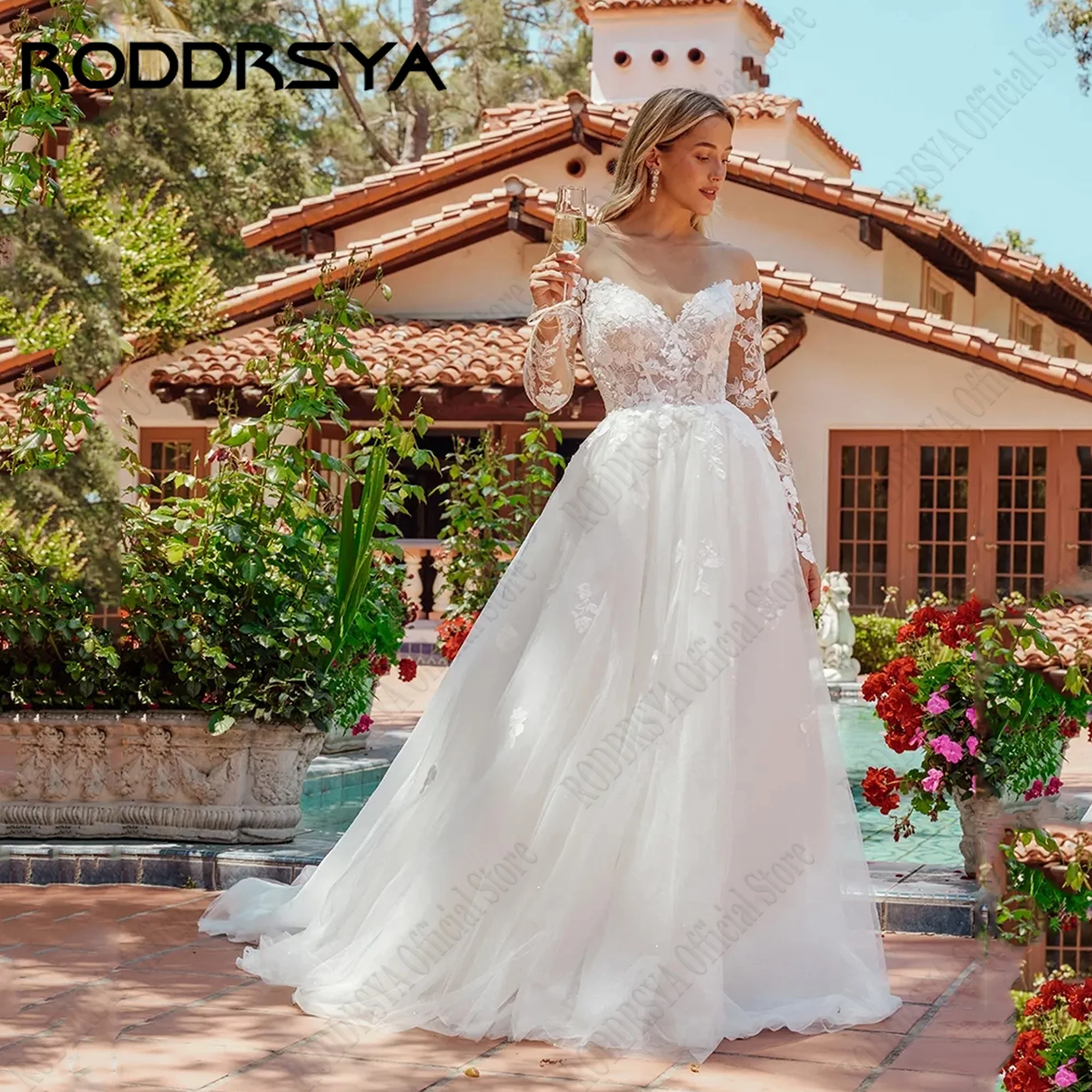 

RODDRSYA Elegant Long Sleeves Wedding Dress Lace Applique Backless Bride Gowns Women O-Neck Tulle A-Line Vestidos De Novia