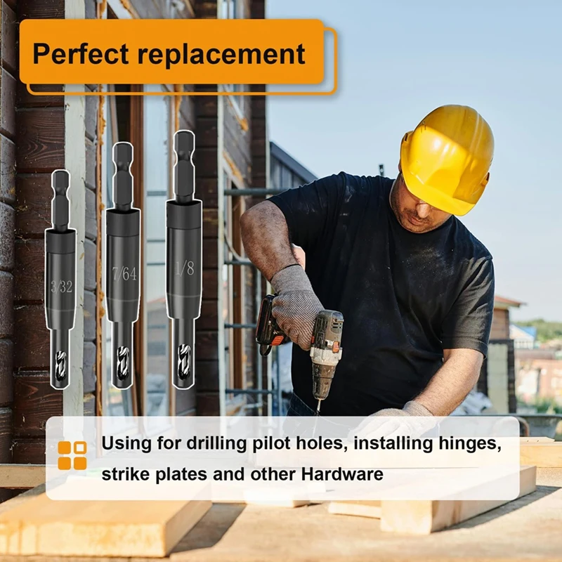 AC88 Self Centering Drill Bit Set 3/32In, 7/64In, 1/8In for 1/4In Hex Shank Drill, Countersink Drill Bit for Hinge and Wood,