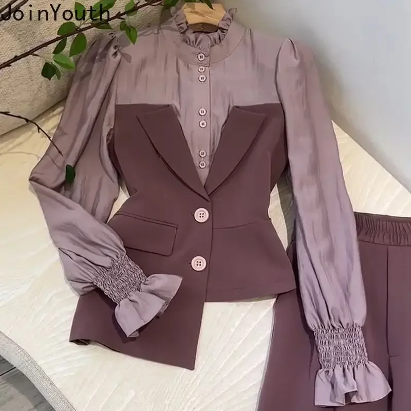 Temperament spodnie stroje koreańskie 2 częściowe zestawy dla kobiet nieregularne sztuczne dwie koszule tuniki spodnie garnitur Roupas Femme Chic